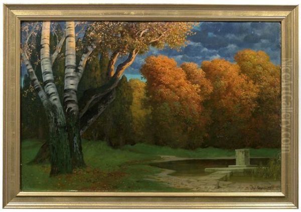 Herbstliche Parklandschaft Mit Einem Postament Am Weiher Oil Painting by Eduard Rudisuhli