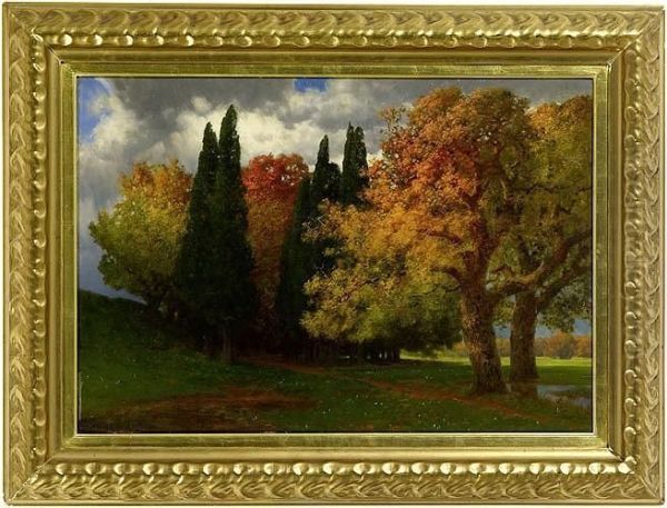 Herbstlandschaft Mit Waldchen Oil Painting by Hermann Traugott Rudisuhli