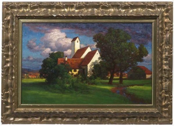 Dorfkirche Im Sonnenschein Oil Painting by Hermann Traugott Rudisuhli