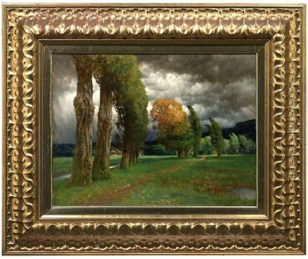 Herbstliche Bachlandschaft Mit Kirchdorf Oil Painting by Hermann Traugott Rudisuhli