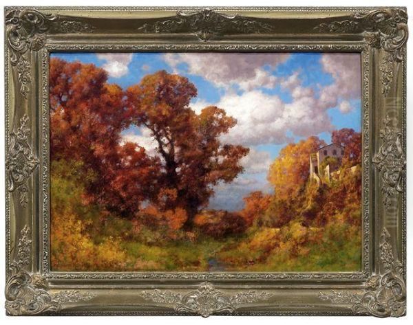 Herbstliche Berglandschaft Mit Villa Oil Painting by Hermann Traugott Rudisuhli