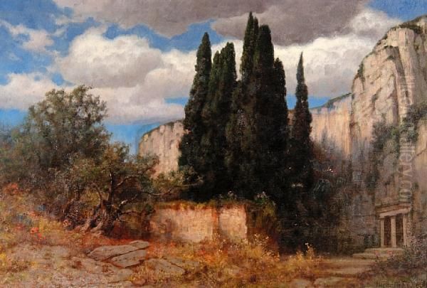 Landscape With Cypress Trees Oil Painting by Hermann Traugott Rudisuhli