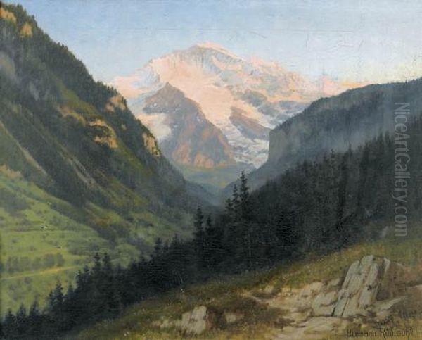 Jungfrau Im Alpengluhen Oil Painting by Hermann Traugott Rudisuhli