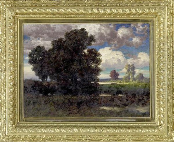 Landschaft Mit Baumgruppe An Gewasser Oil Painting by Hermann Traugott Rudisuhli