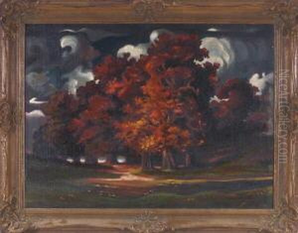 Herbstliche Baumgruppe Bei Gewitterstimmung Oil Painting by Hermann Traugott Rudisuhli