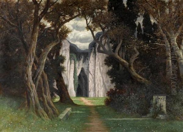 Waldlandschaft Mit Einem Weg Zu Einer Hohle. Oil Painting by Hermann Traugott Rudisuhli