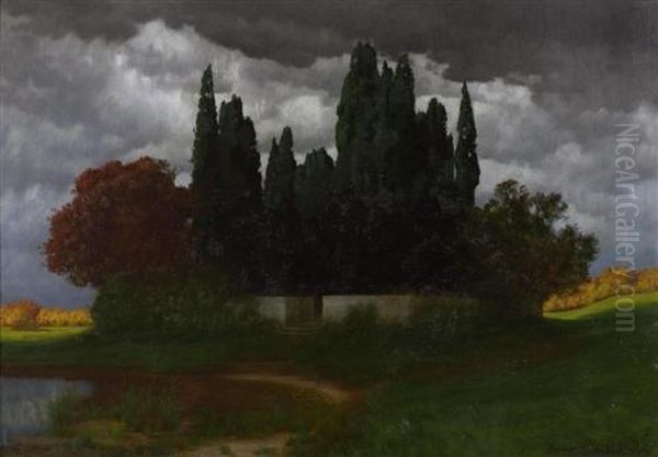 Baumgruppe In Landschaft. Oil Painting by Hermann Traugott Rudisuhli