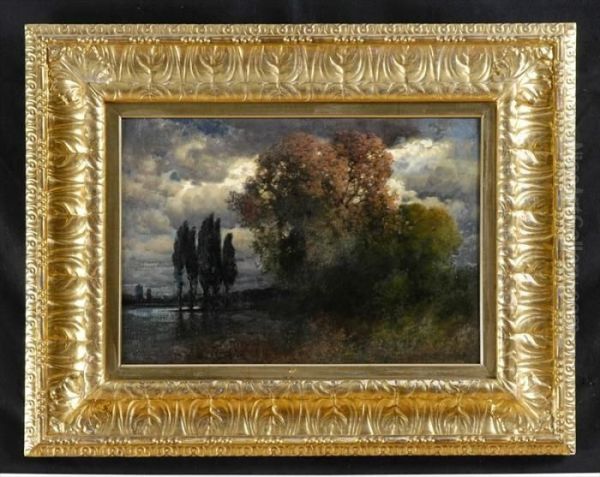 Landscape With Poplars Oil Painting by Hermann Traugott Rudisuhli