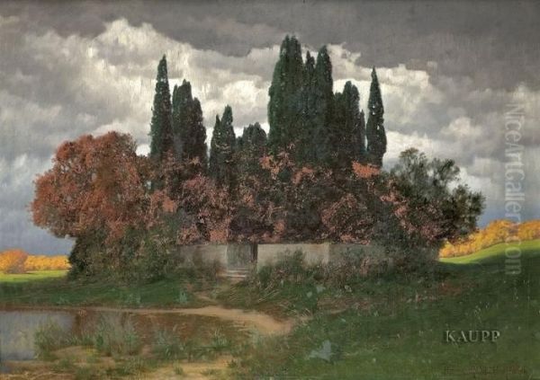 In Herbstlandschaft Unter Dunklen Regenwolken Von Einer Mauer Umzaumter Zypressenhain. Oil Painting by Hermann Traugott Rudisuhli