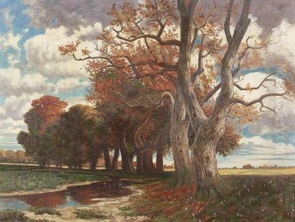 Herbstliche Partie Im Park Mit Baumallee. Oil Painting by Hermann Traugott Rudisuhli