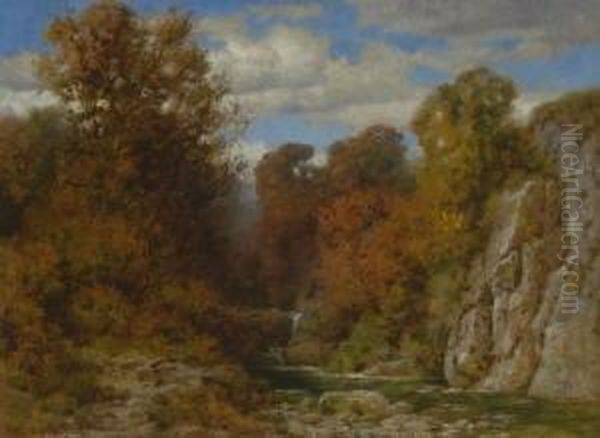 Bachlauf Im Herbstwald. Oil Painting by Hermann Traugott Rudisuhli