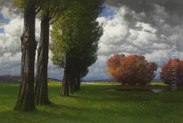 Baumlandschaft Bei Aufziehendem
 Gewitter. Oil Painting by Hermann Traugott Rudisuhli