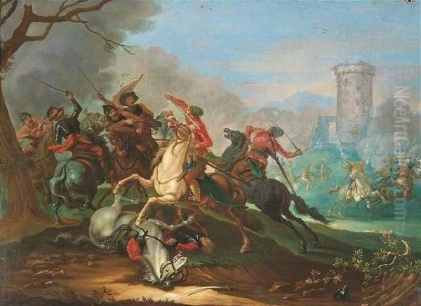 D. A. . A Cavalry Skirmish Oil Painting by Georg Philipp I Rugendas