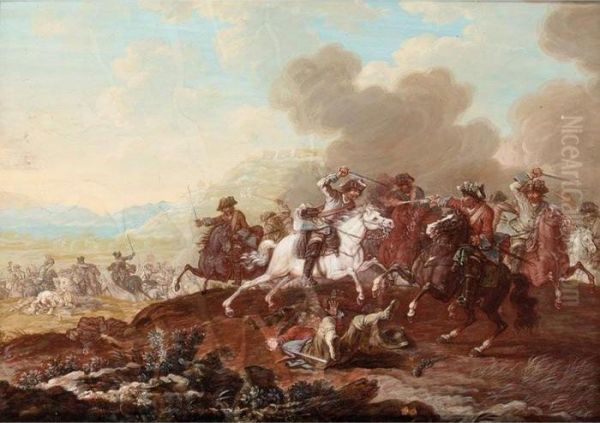 A Cavalry Skirmish Oil Painting by Georg Philipp I Rugendas