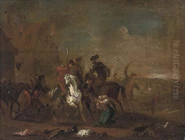 A Cavalry Pillage Oil Painting by Georg Philipp I Rugendas