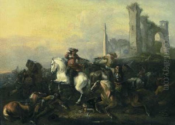 Scena Di Battaglia Con Rudere Sullo Sfondo Oil Painting by Georg Philipp I Rugendas