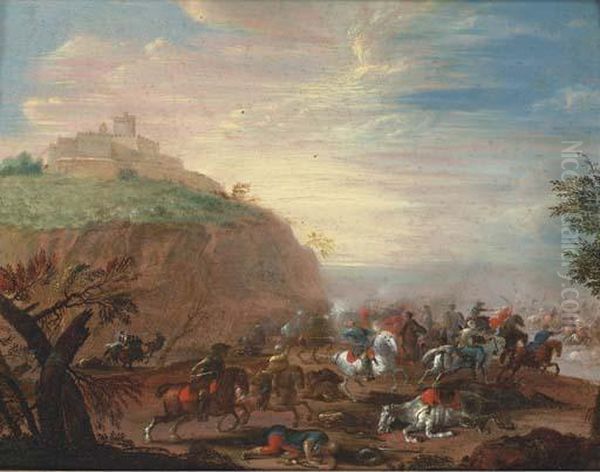 A Battle Skirmish With A Hilltop Fortress Beyond Oil Painting by Georg Philipp I Rugendas