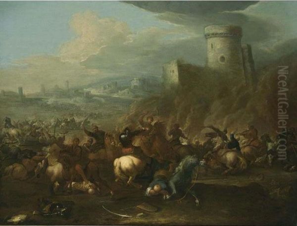 A Cavalry Battle Scene Between 
Turkish And Christian Troops, With A View Of A Town Beyond Oil Painting by Georg Philipp I Rugendas