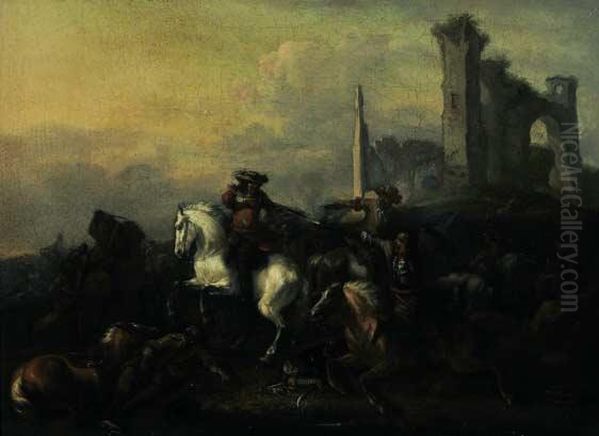 Scena Di Battaglia Con Rudere Sullo Sfondo Oil Painting by Georg Philipp I Rugendas