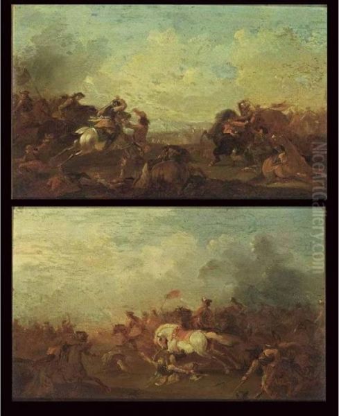 A Pair Of Cavalry Battles Oil Painting by Georg Philipp I Rugendas