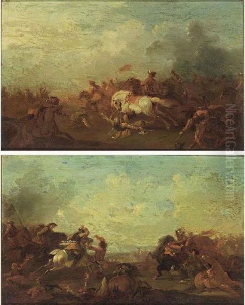 A Pair Of Cavalry Battles Oil Painting by Georg Philipp I Rugendas