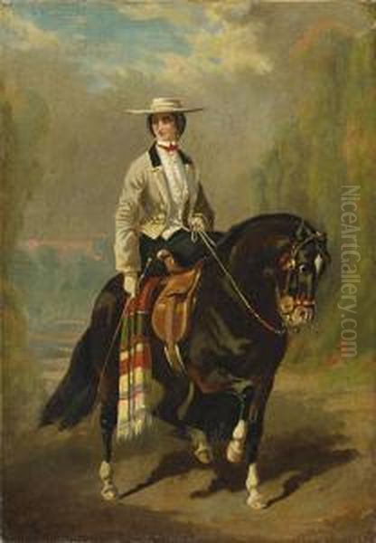 Dame Auf Einem Schwarzenpferd Oil Painting by Johann Moritz Rugendas