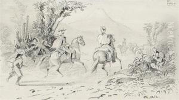 A Peruvian Landscape: Two Men On
 Horseback Following A Dusty Track,a Volcano In The Background Oil Painting by Johann Moritz Rugendas