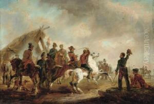 'carrera Cuadrera' -- Campamento Militar Cerca De Montevideo (1845) Oil Painting by Johann Moritz Rugendas