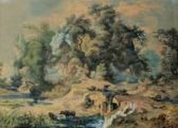 Sudamerikanische Landschaft Mit Rindern An Der Tranke. Oil Painting by Johann Moritz Rugendas