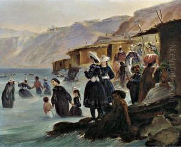 Los Banos De Miraflores, Banistas Y Cabanas En La Playa De Chorillos, Lima Oil Painting by Johann Moritz Rugendas