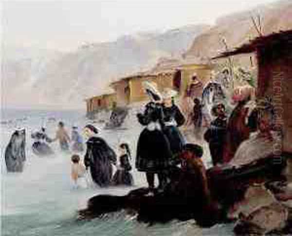 Los Banos De Miraflores, Banistas Y Cabanas En La Playa De Chorillos, Lima Oil Painting by Johann Moritz Rugendas