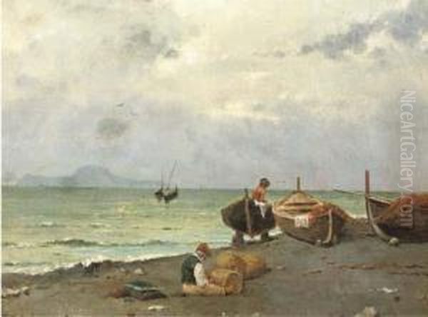 On The Beach Near Naples Oil Painting by Pasquale Ruggiero