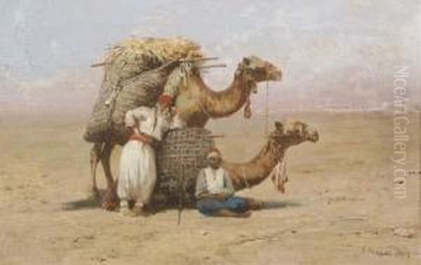 Two Arabs Resting With Their Camels Oil Painting by Pasquale Ruggiero