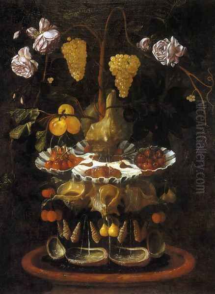 Still-Life with a Shell Fountain, Fruit and Flowers c. 1645 Oil Painting by Juan De Espinosa