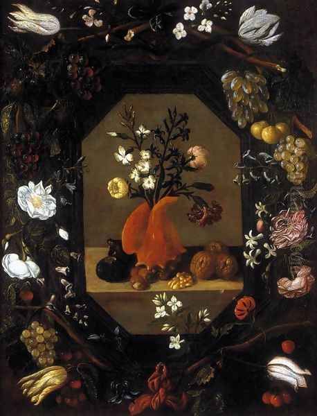 Still-Life with Flowers with a Garland of Fruit and Flowers c. 1645 Oil Painting by Juan De Espinosa