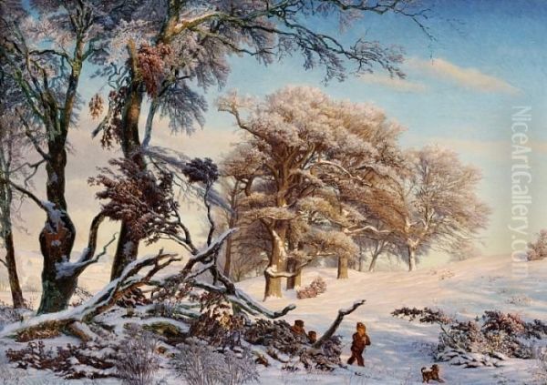 Sunlit Wintry Scene Oil Painting by Gotfred Rump