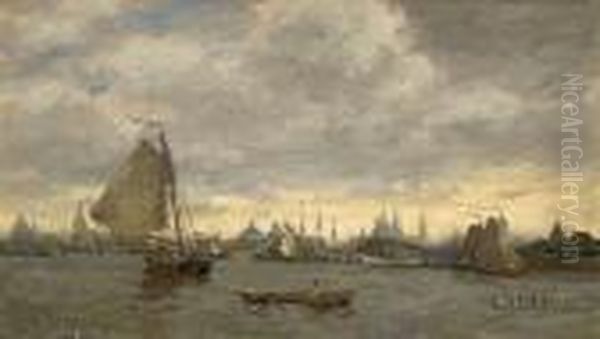 Hafenszene Mit Zahlreichen Segelbooten Unter Dunklem Himmel. Oil Painting by Ludwig Fried. Julius Runge