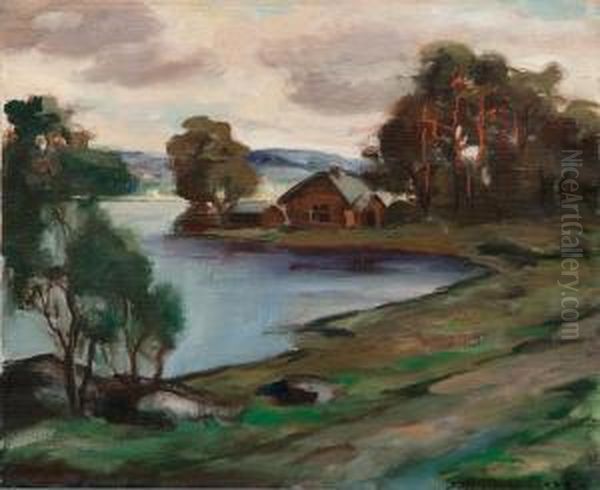 A Cabin By The Lake Oil Painting by Jalmari Ruokokoski