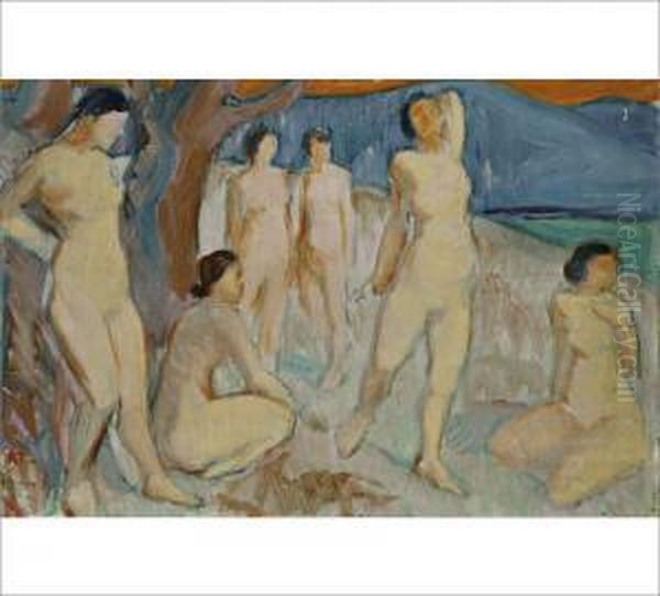 Bathers Oil Painting by Jalmari Ruokokoski