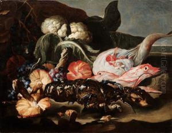 Natura Morta Con Pesci, Crostacei, Funghi, Cavolfiori E Uva In Un Paesaggio Oil Painting by Giovan Battista Ruoppolo