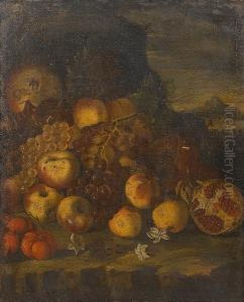 Pomegranates, Apples, Grapes And Figs On A Stone Ledge In A Landscape Oil Painting by Giovan Battista Ruoppolo