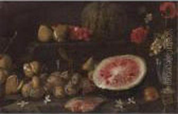 Still Life With Plums, Passionfruit, Cherries, Watermelon And A Vase Of Flowers Oil Painting by Giovan Battista Ruoppolo