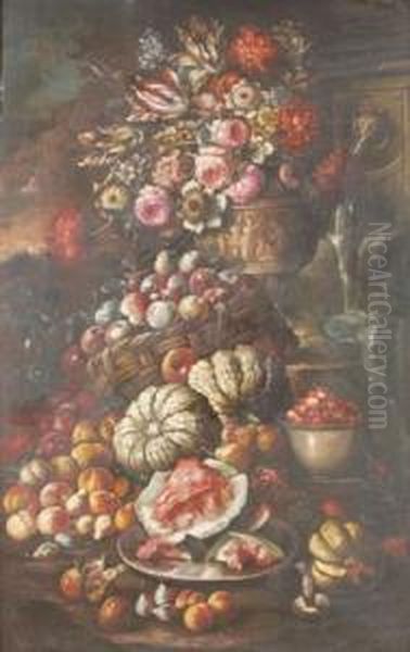 Narura Morta Con Vaso Di
Fiori, Frutta E Fontana Oil Painting by Giovan Battista Ruoppolo