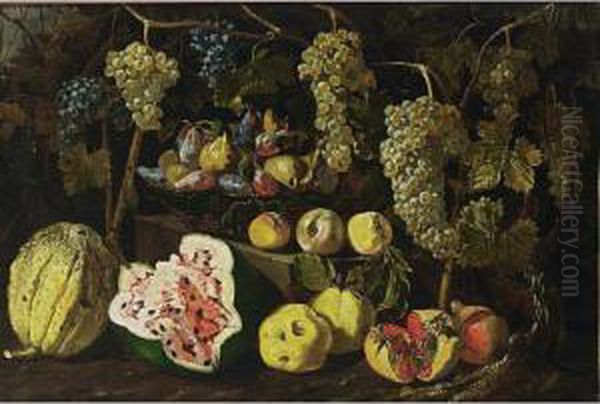 A Still Life With A Watermelon, A
 Melon, Pomegranates, Peaches, And Grapes Together With Figs And Plums 
In A Basket On A Stone Ledge Oil Painting by Giovan Battista Ruoppolo