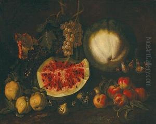 Natura Morta
Con Cocomeri, Uva, Pesche E Fichi Oil Painting by Giovan Battista Ruoppolo