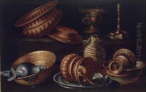 A) E B) Natura Morta Con Bacili E Utensili Da Cucina In Rame E Peltro Oil Painting by Giovanni Battista Ruoppolo