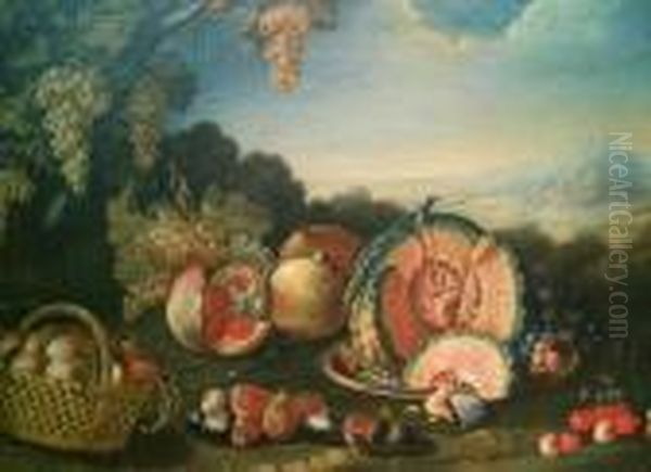 Still Life With Fruit In A Landscape Oil Painting by Giovanni Battista Ruoppolo