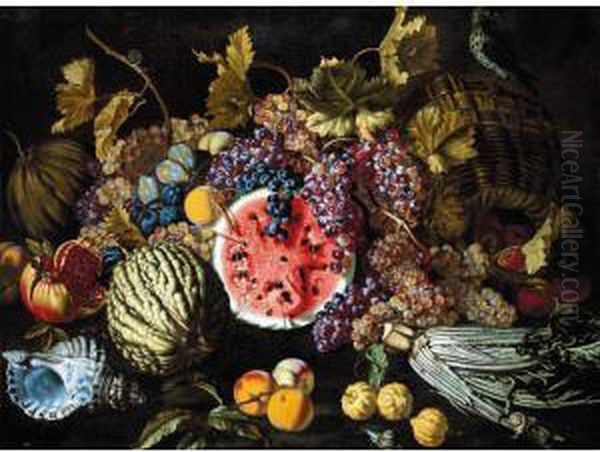 A Still Life Of Grapes, Plums, 
Watermelons, Peaches, Lemons, A Cardoon, An Open Pomegranate, Together 
With A Shell, A Snail And Other Objects Oil Painting by Giovanni Battista Ruoppolo