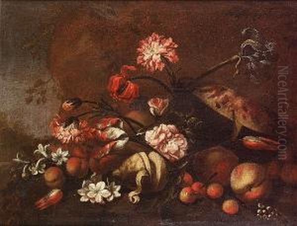 Peaches, A Melon, A Lemon And 
Other Fruit With Tulips, An Iris, Chyrsanthemums And Other Flowers In A 
Landscape; And Peaches With Narcissi, Tulips, Chrysanthemums And Other 
Flowers In A Landscape by Giovanni Battista Ruoppolo