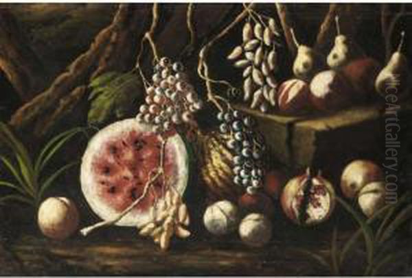 A Still Life With Watermelons, Grapes, Pears And Peaches Oil Painting by Giovanni Battista Ruoppolo